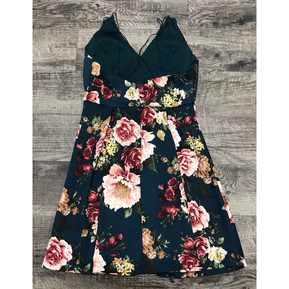 Fifty Street Green Pink Sz L Floral Dress Sleeveless Skater Mini Flare Small C52 - Picture 5 of 7